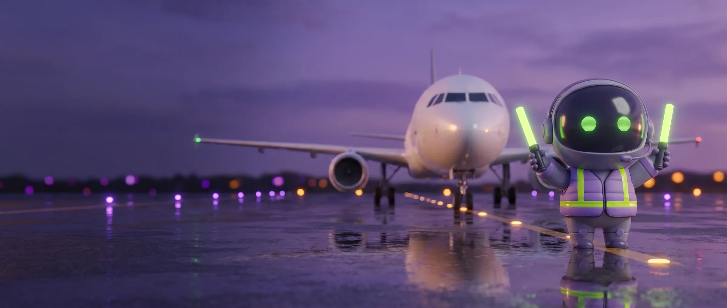The Alion mascot on a wet apron at dusk, guiding a passenger jet in with two glowing wands